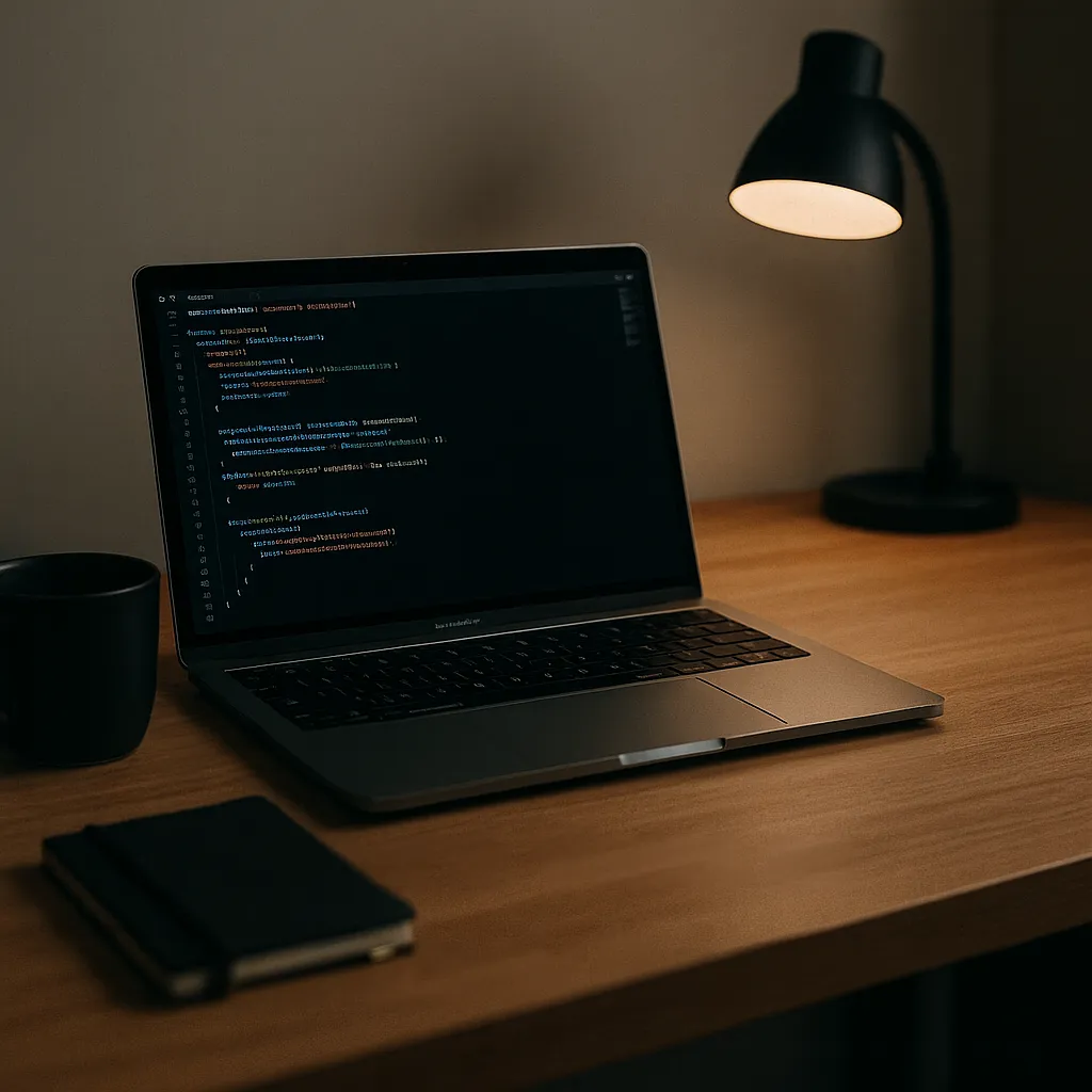 A laptop showing code on a wooden desk at night, lit by a desk lamp, with a mug and a notebook beside it.